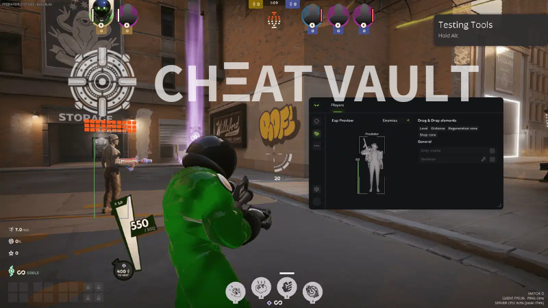 Deadlock cheat menu showing aimbot, ESP, and triggerbot settings configured for Valve's MOBA shooter