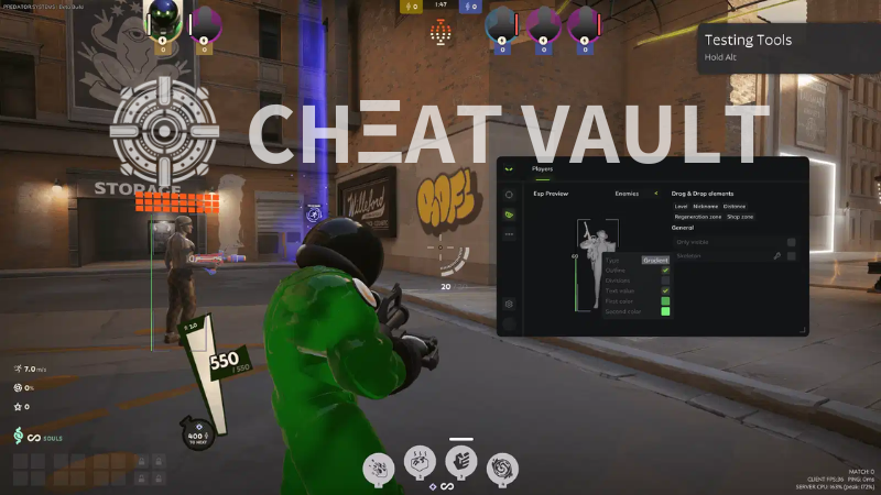 Deadlock hack with hero ESP displaying enemy health bars, ability cooldowns, and soul counts through walls