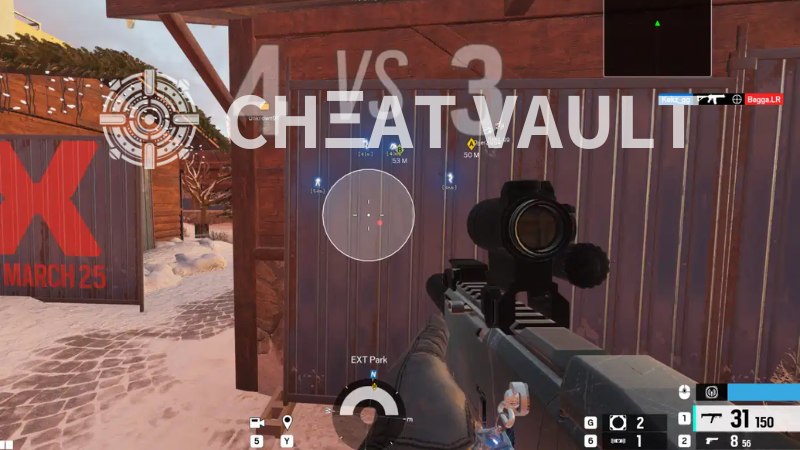R6 hacks three enemies tracked with blue ESP at distance