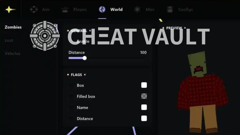 Unturned cheat menu showing options in zombies section
